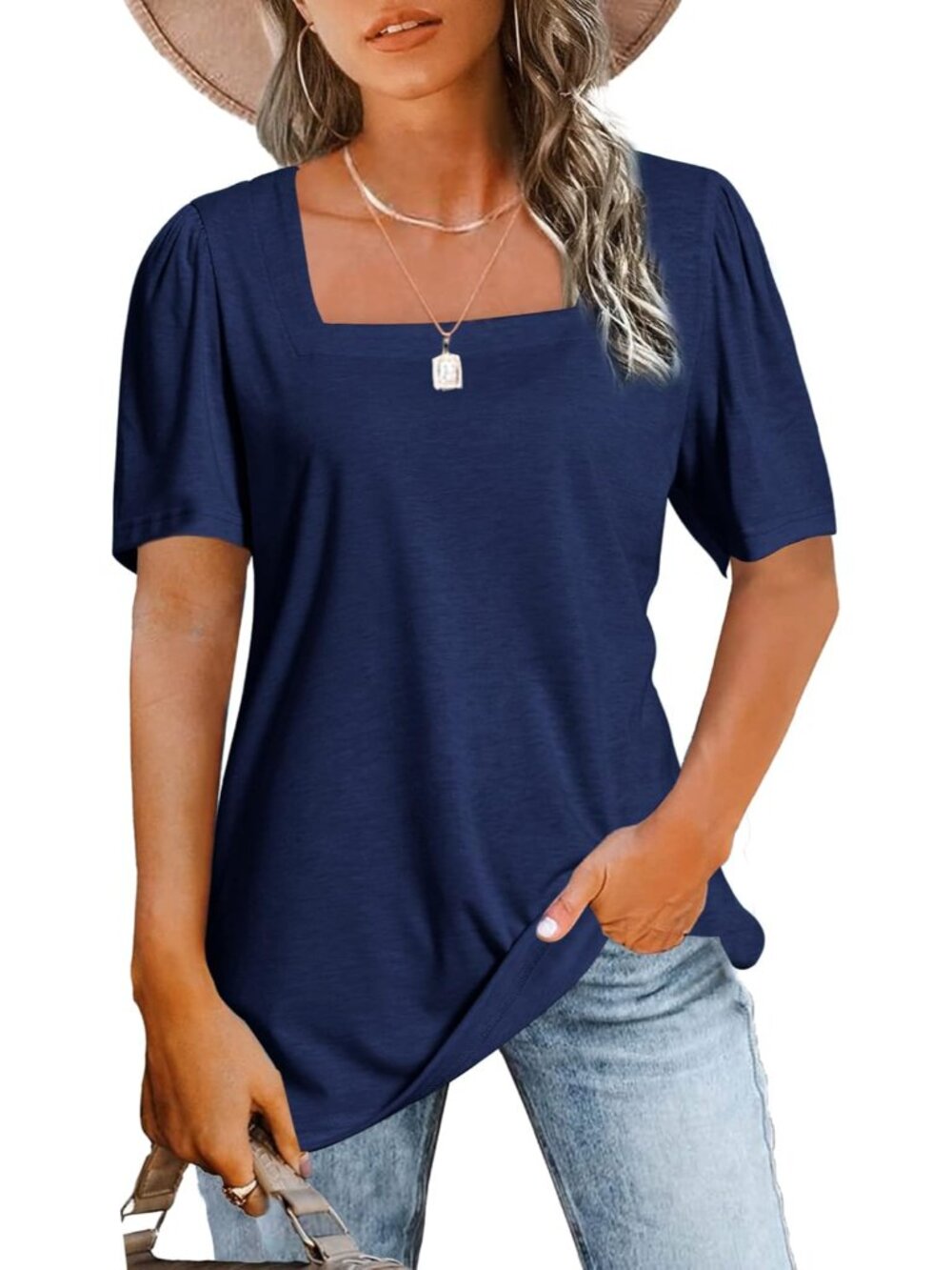Womens Tops Casual Short Sleeve Square Neck Shirts Puff Sleeve Tshirts Loose Cas